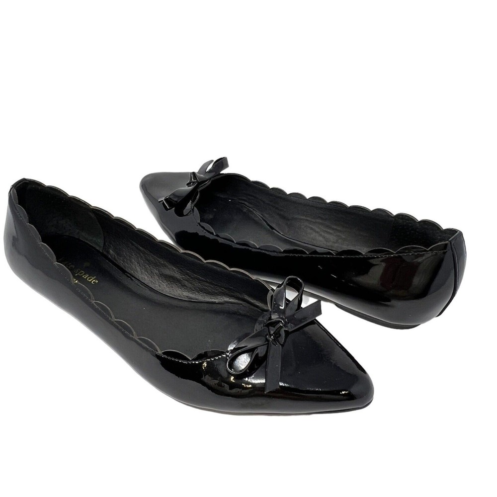Kate Spade Womens Black Pointed Toe Eleni Flats Scalloped Bow 9.5